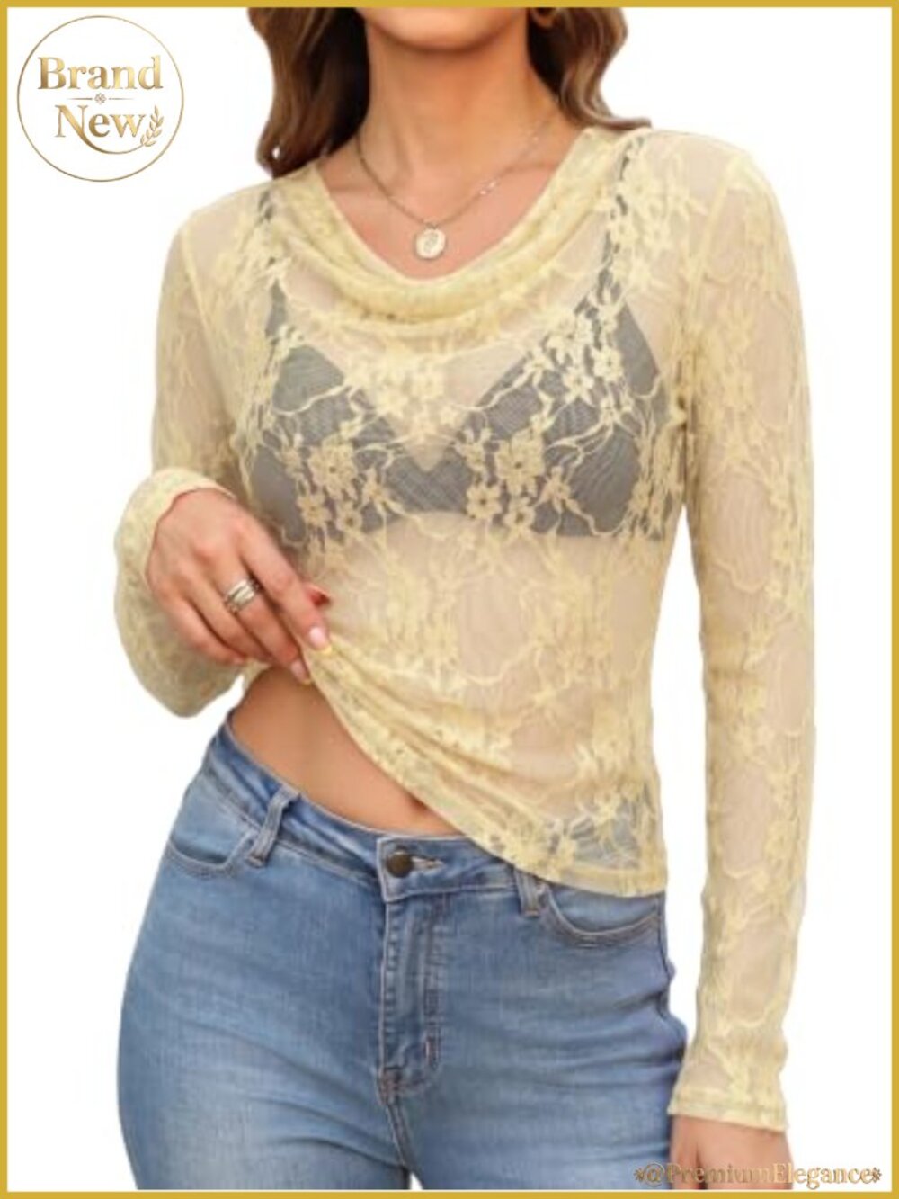 Women's Sheer Long Sleeve Cowl Neck Mesh Top
